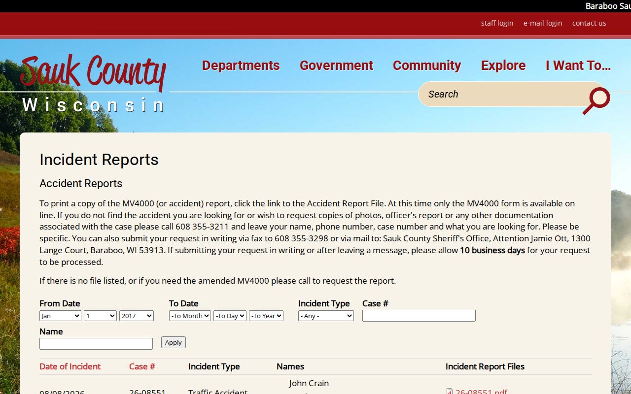 Sauk County arrest lookup through the sheriff incident report interface
