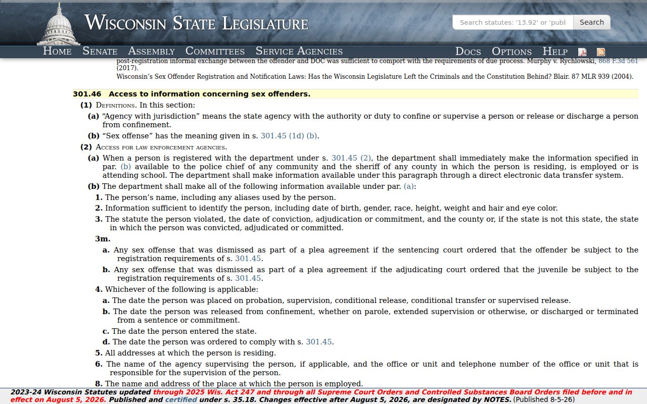 Wisconsin Statute 301.46 governing Sauk County sex offender notification
