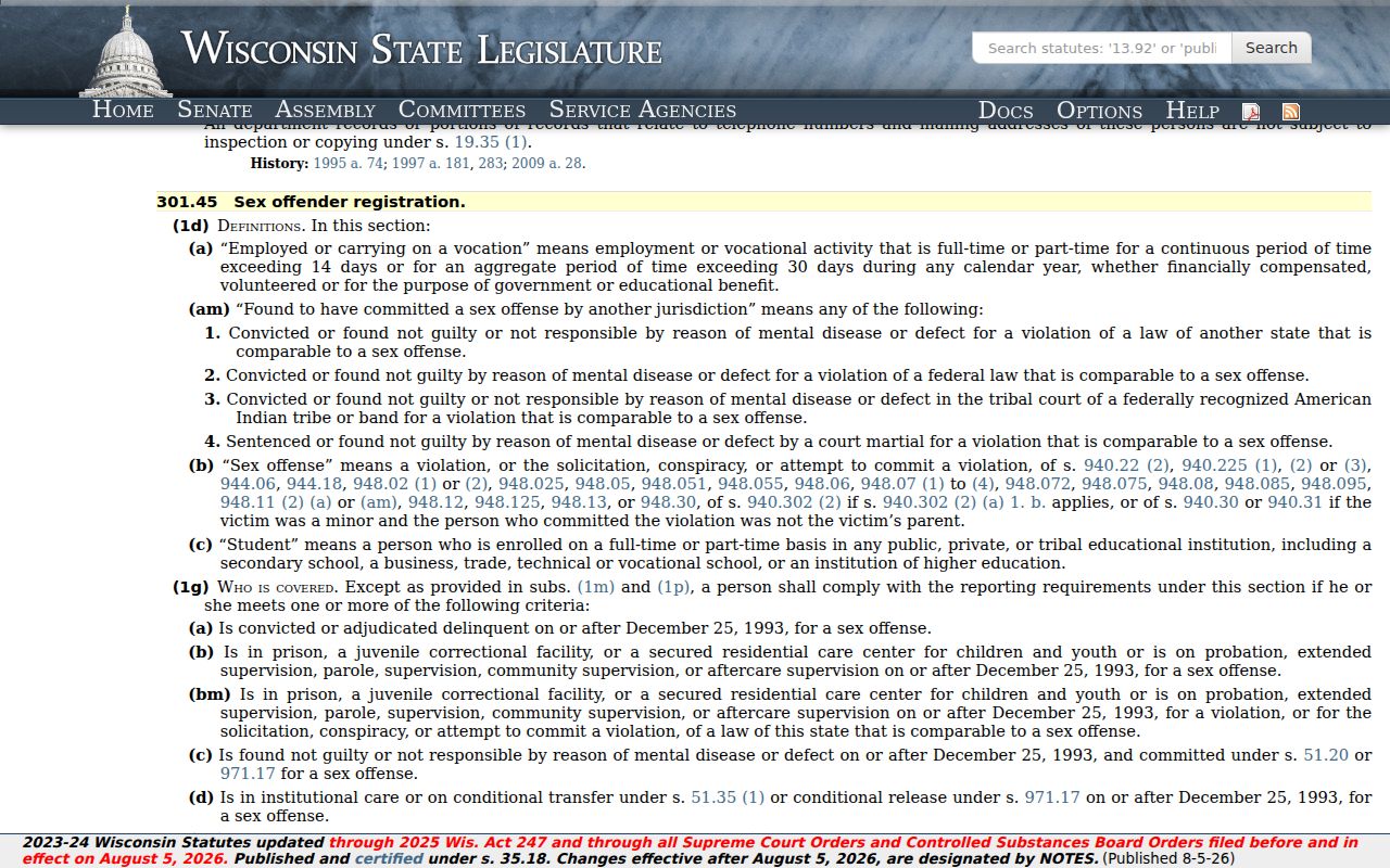 Wisconsin Statute 301.45 for Sauk County sex offender registration requirements